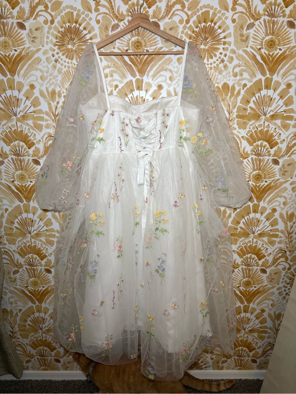 Floral Embroidered Tulle Midi Dress Romantic Cottagecore Wedding Guest Fairycore - Picture 4 of 8